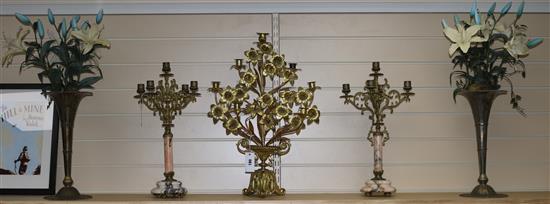 A pair of marble base candelabra and a gilt metal candelabra etc